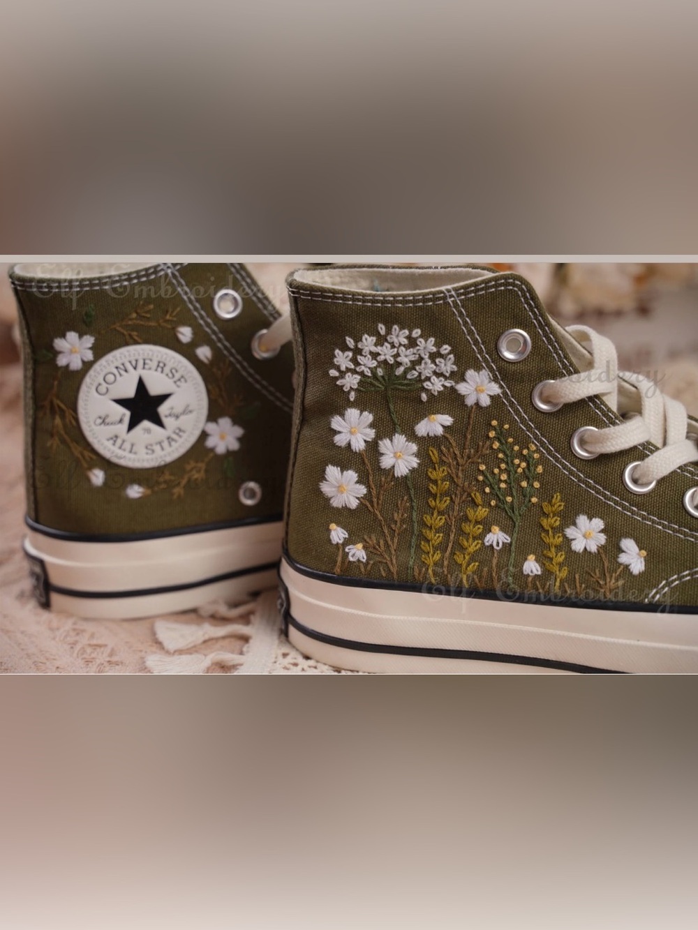 Converse Olive Green Floral Embroidered High-Top Sneakers - Picture 1 of 7